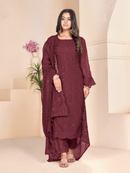 Maroon Organza Thread Salwar Suit In Pant Style