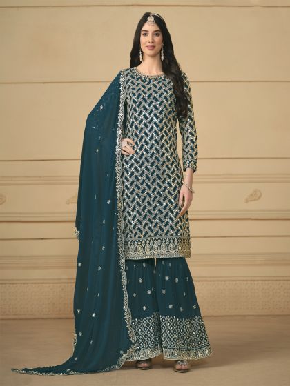 Blue Sharara Style Salwar Suit In Zari Embroidery