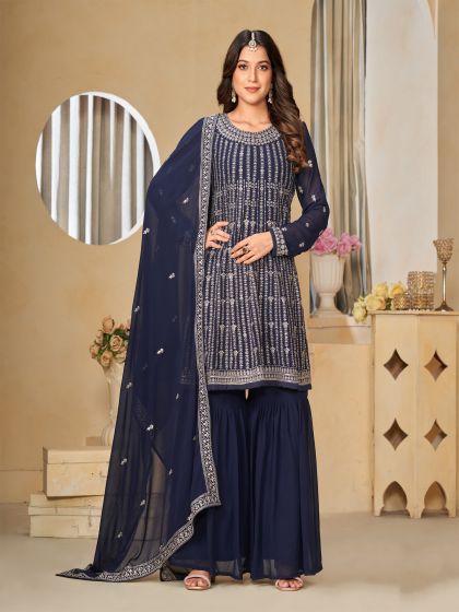 Navy Blue Georgette Salwar Kameez In Sharara Style