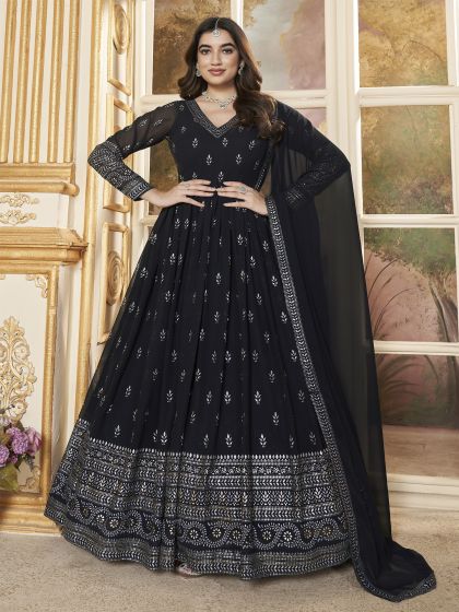 Black Party Wear Anarkali Salwar Suit In Georgette