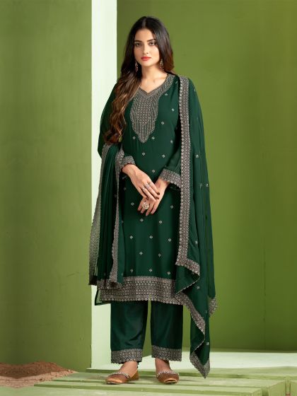 Dark Green Sequined Salwar Kameez In Pant Style