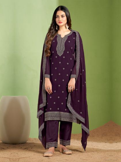 Wine Casual Wear Pant Style Salwar Suit In Georegette