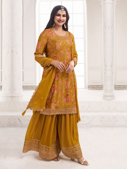 Mustard Yellow Palazzo Style Salwar Suit In Floral Print