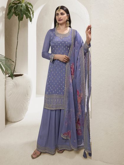 Prachi Desai Lilac Purple Palazzo Style Salwar Kameez In Zari Work