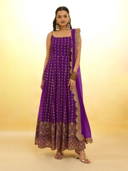 Purple Zari Embroidered Anarkali Salwar Suit In Georgette