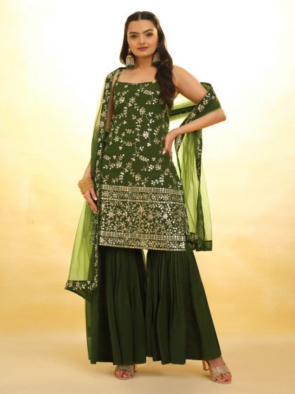 Moss Green Gota Patti Enhanced Sharara Suit In Georgette