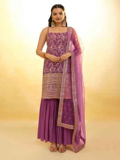 Purple Sharara Style Salwar Kameez In Georgette With Gota Patti