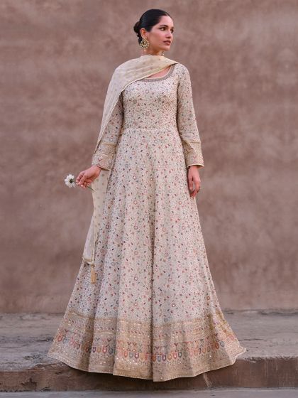 Beige Stone Work Enhanced Anarkali Salwar Kameez In Georgette