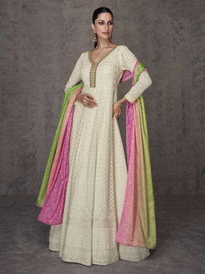 White Chikankari Enhanced Anarkali Suit With Bandhej Dupatta