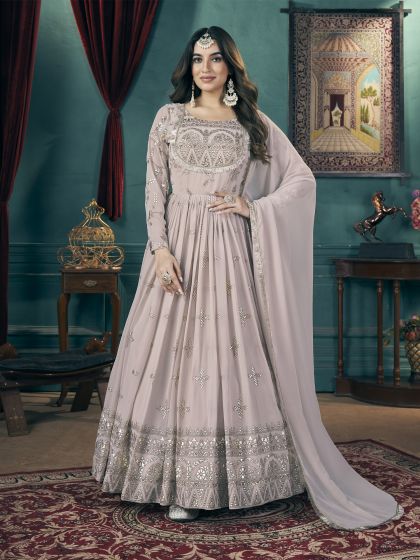 Dusty Mauve Foil Work Salwar Kameez In Georgette With Anarkali Style