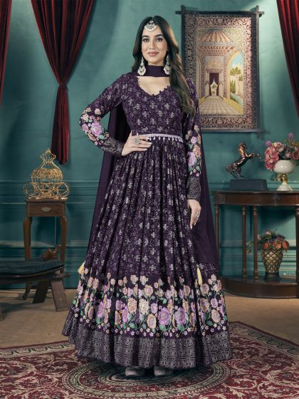 Wine Floral Foil Work Enhanced Floor Length Salwar Kameez In Georgette