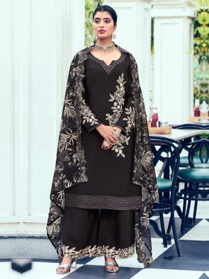 Black Chinon Silk Floral Embellished Salwar Suit With Palazzo Style