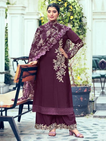 Wine Floral Work Salwar Kameez In Chinon With Palazzo