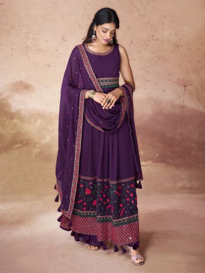 Purple Anarkali Style Suit Set In Georgette With Dupatta