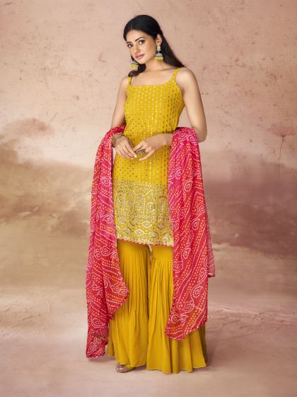 Mustard Yellow Sequins Embellished Sharara Suit In Georgette