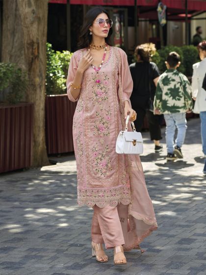 Pink Readymade Salwar Kameez In Floral Thread Embroidery