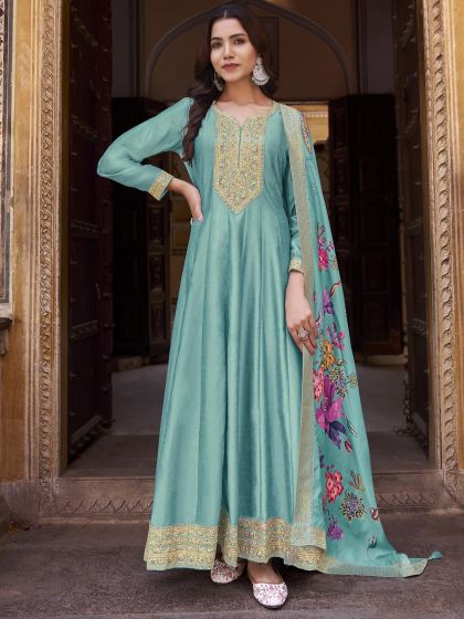 Sky Blue Zari Embroidered Anarkali Style Suit In Silk