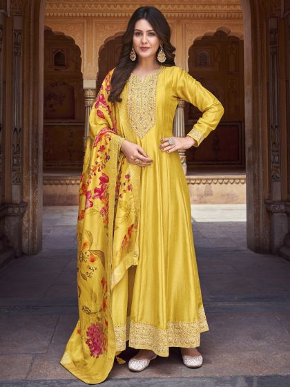 Mustard Yellow Anarkali Suit In Silk With Floral Dupatta