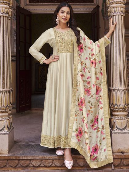 Ivory Cream Silk Salwar Kameez In Anarkali Style