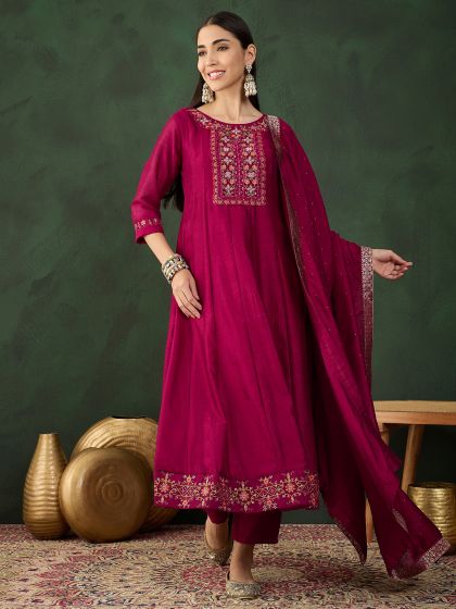 Dark Pink Floral Work A-Line Salwar Suit In Silk