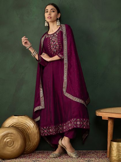 Wine Pant Style Salwar Suit In A-Line Pattern