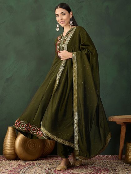 Dark Green A Line Salwar Kameez In Thread Work