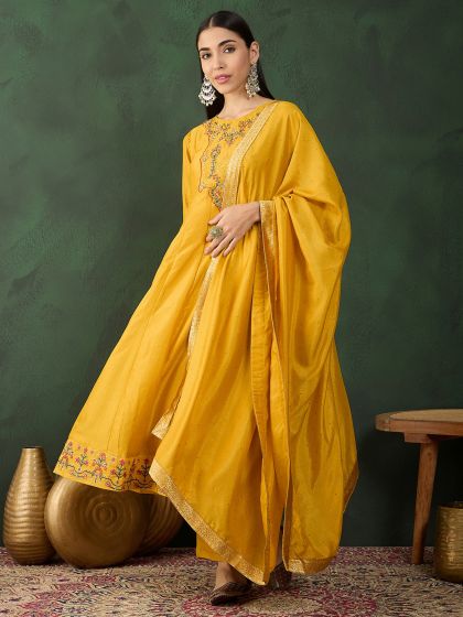 Bright Yellow Vichitra Silk Salwar Suit In Pant Style