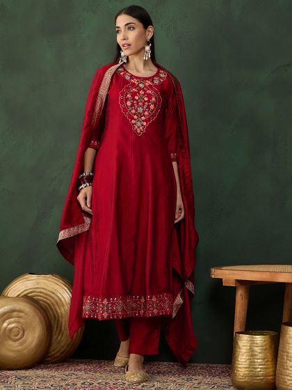 Red Thread Work Salwar Suit In A-Line Pattern