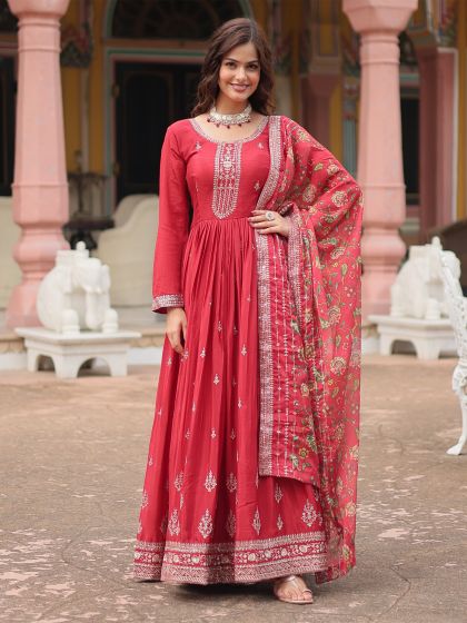 Red Anarkali Style Readymade Salwar Suit In Chinon Silk