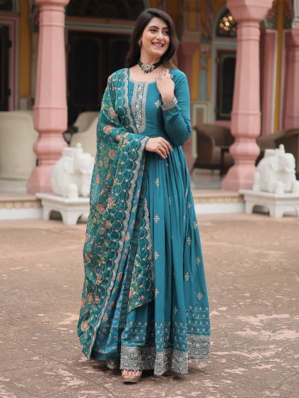 Teal Blue Anarkali Style Salwar Suit With Floral Dupatta