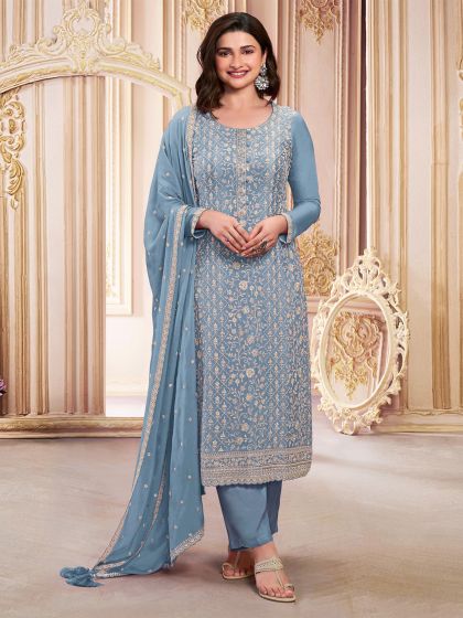 Blue Stone Work Pant Style Salwar Suit