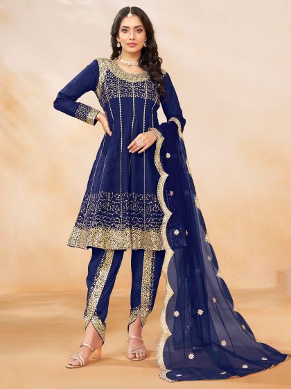 Navy Blue Flare Style Salwar Kameez In Zari Work