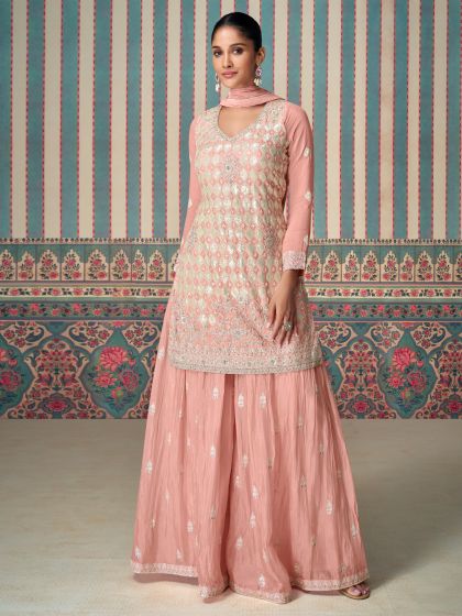 Peach Sequins Embellished Sharara Style Salwar Suit