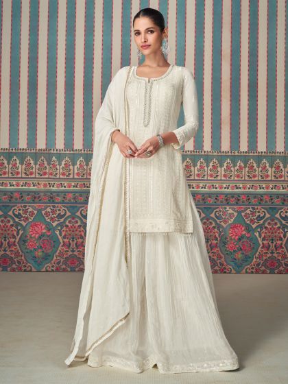 White Sharara Style Salwar Kameez In Chinon Silk