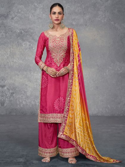 Magenta Pink Gota Patti Embroidered Palazzo Salwar Suit In Bandhej