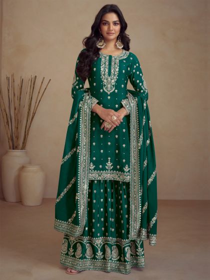 Rama Green Sharara Style Salwar Kameez In Silk