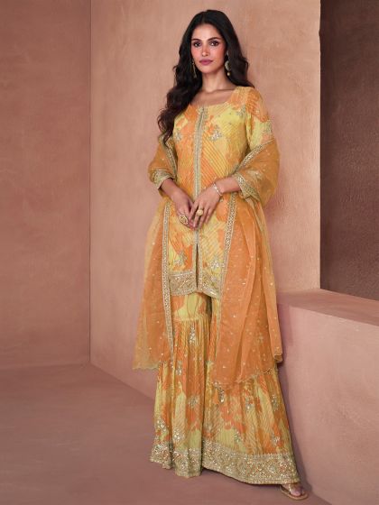 Yellow Printed Sharara Style Salwar Suit In Georgette