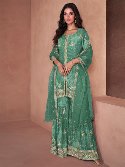 Green Sharara Style Readymade Suit In Georgette