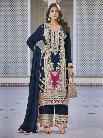 Navy Blue Palazzo Style Salwar Suit In Silk