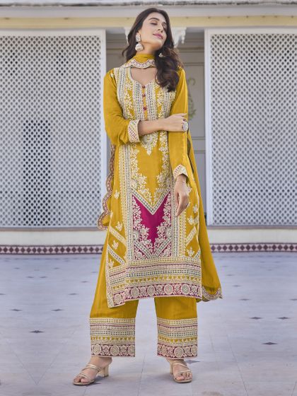 Yellow Heavy Zari Embellished Palazzo Style Suit