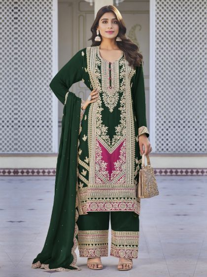 Deep Green Salwar Kameez In Palazzo Style