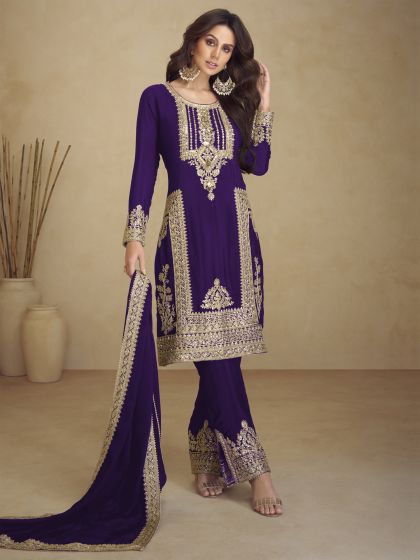 Dark Purple Pant Style Salwar Kameez In Georgette