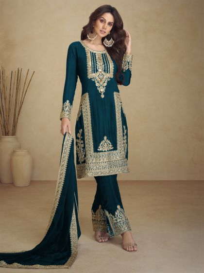 Teal Blue Pant Style Salwar Kameez With Dupatta