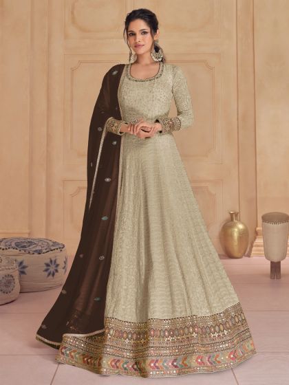 Beige Floral Embroidered Anarkali Style Suit