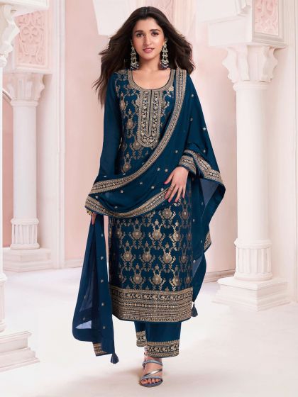 Blue Jacquard Salwar Kameez In Pant Style