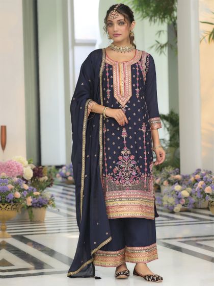 Navy Blue Mirror Embellished Readymade Palazzo Suit