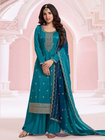 Blue Palazzo Style Salwar Suit With Full Sleeves