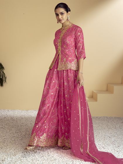 Pink Sharara Salwar Festive Suit In Mirror Embellishment