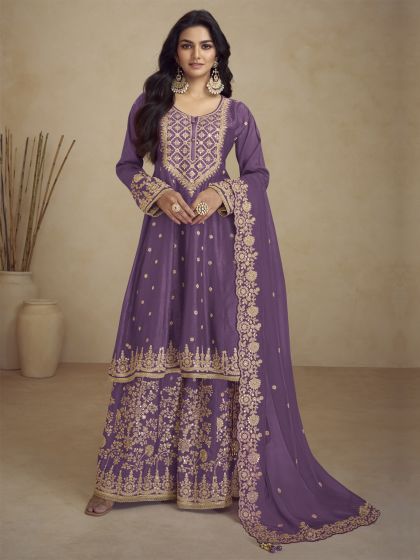 Purple Sharara Style Salwar Suit With Full Sleeves