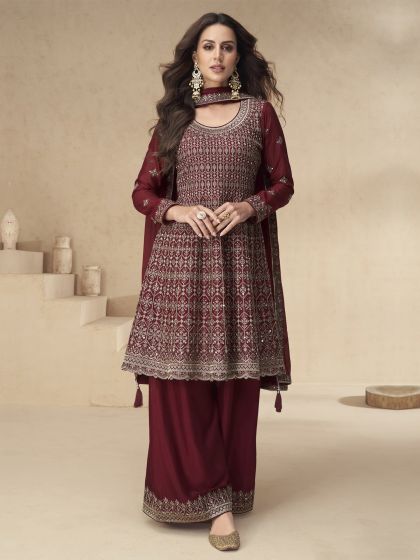 Red Palazzo Salwar Suit With Full Sleeves Kameez